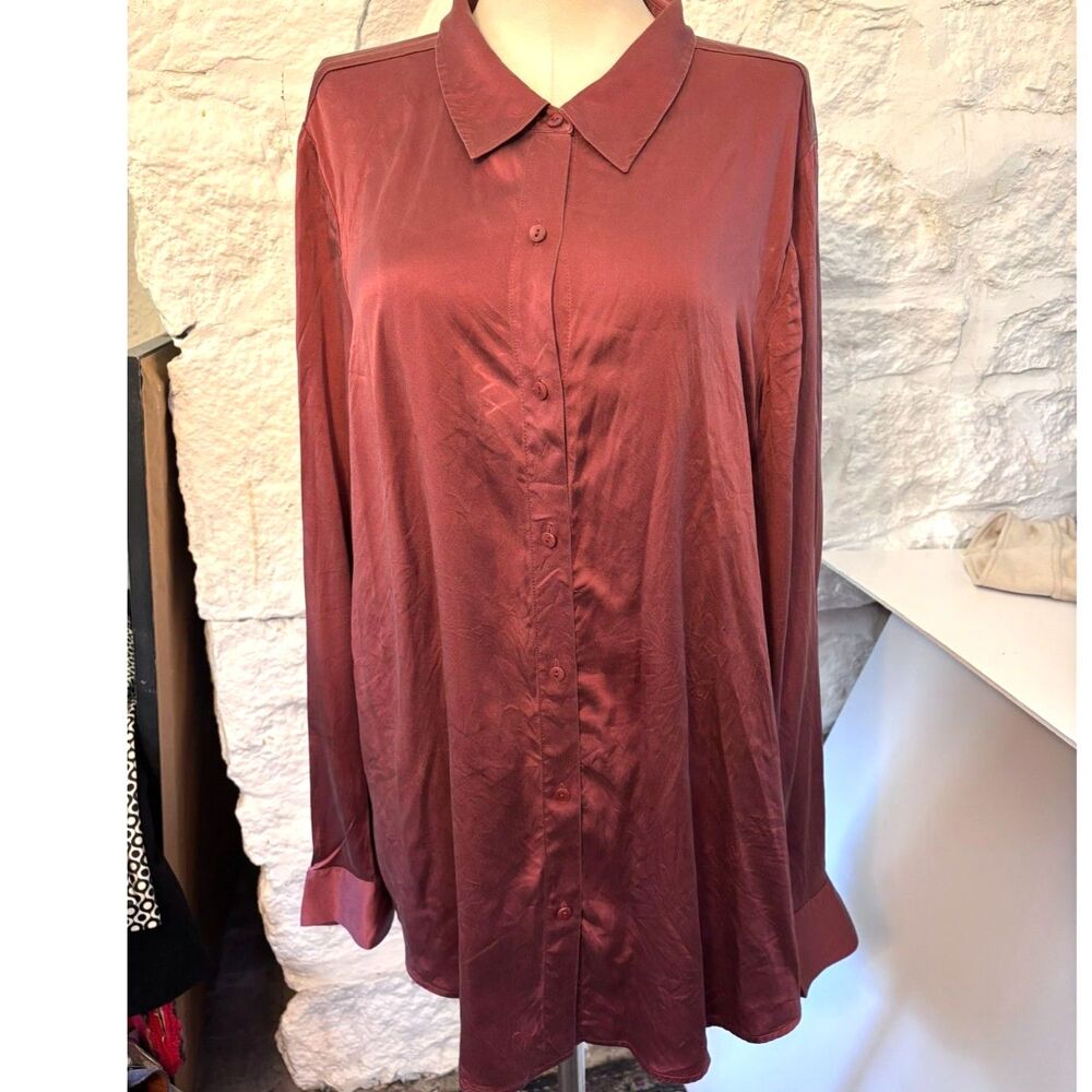 Eileen Fisher Stretch Silk Charmeuse Blouse Wine L Quiet Luxury Minimalist